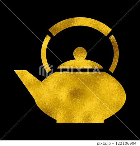 おしゃれな日本茶の急須のゴールドのシルエットイラスト　黒背景の切り抜き 122106904
