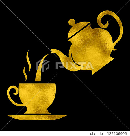 ティーポットからティーカップに紅茶を注ぐ瞬間のゴールドのシルエットイラスト　黒背景の切り抜き 122106906