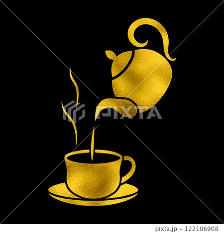 ティーポットからティーカップに紅茶を注ぐ瞬間のゴールドのシルエットイラスト　黒背景の切り抜き 122106908