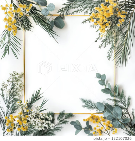 AI-generated item. Frame made of mimosa flowers and eucalyptus branches on white background. 122107026
