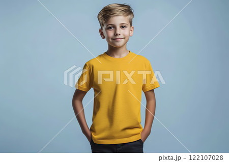 AI-generated item. Cute little boy in a yellow t-shirt on a blue background. 122107028