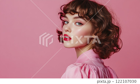 AI-generated item. Beautiful young woman with curly hairstyle and red lips on pink background. 122107030