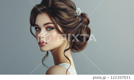 AI-generated item. Fashion portrait of beautiful young woman with elegant hairstyle and makeup. 122107031