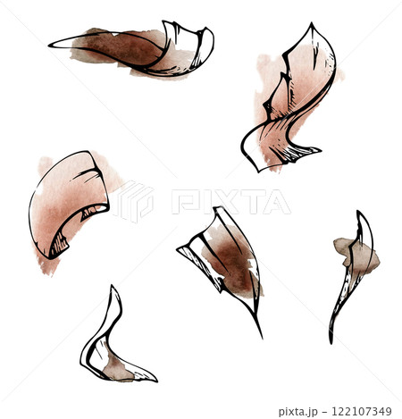 Seaweed nori flakes, dried bark chips, dead leaves, skin fur peels, shredded paper with ink paint stains. Illustration hand drawn in watercolor and ink for nature brochure, abstract art, shop poster 122107349