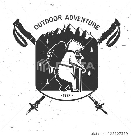 Outdoor adventure. Vector illustration. Extreme adventure. Hiking bear with backpack related typographic quote. Concept for shirt or logo, print, stamp. Design with mountain, hiker pole, hiker bear Outdoor adventure. Vector illustration. Extreme adventure. Hiking bear with backpack related typographic quote. Concept for shirt or logo, print, stamp. Design with mountain, hiker pole, hiker bear 122107359