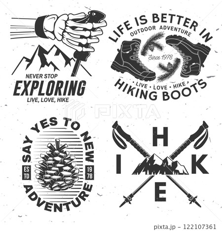 Set of hiking outdoor adventure emblems. Hiking related typographic quote. Concept for shirt or logo, print, stamp, sticker. Design with human skeleton hand holding hiker pole, hiking boots, pine cone 122107361