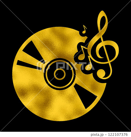 CDと音楽のゴールドのピクトグラムイラスト 黒背景の切り抜き CDと音楽のゴールドのピクトグラムイラスト 黒背景の切り抜き 122107376