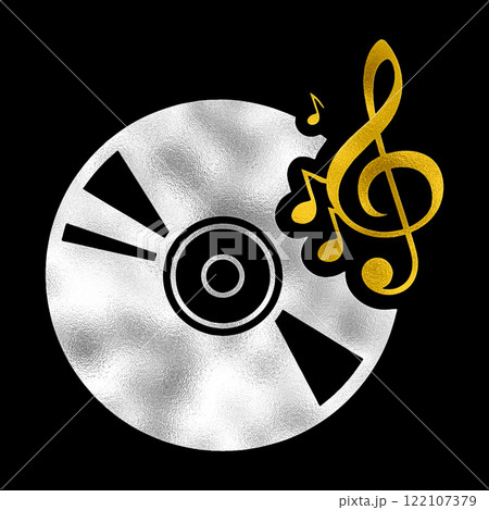 CDと音楽のゴールドとシルバーのピクトグラムイラスト　黒背景の切り抜き 122107379