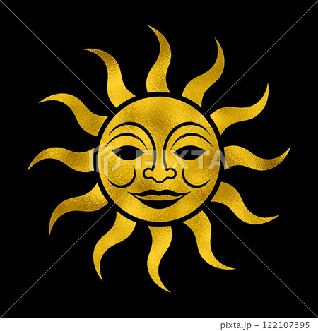 不気味な笑顔の表情の太陽のゴールドのシルエットイラスト　黒背景の切り抜き 122107395