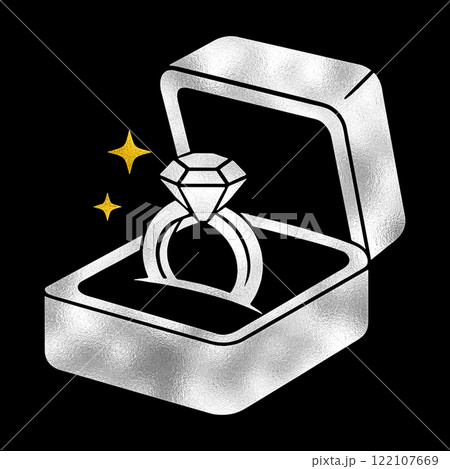 高級なケースに入っているダイヤモンドの指輪のゴールドとシルバーのピクトグラムイラスト　黒背景の切り抜 122107669