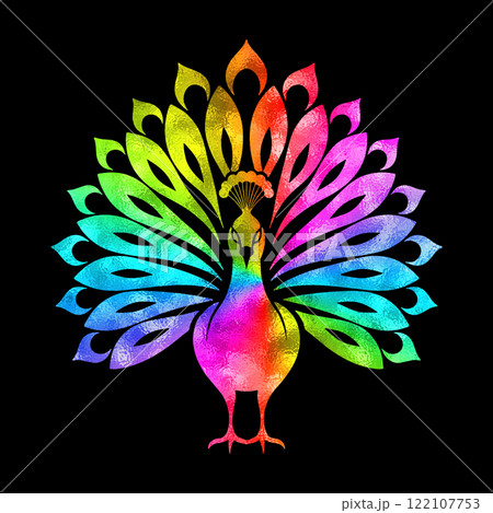 クジャクの虹色グラデーションのシルエットイラスト 黒背景の切り抜き クジャクの虹色グラデーションのシルエットイラスト 黒背景の切り抜き 122107753