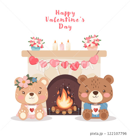 Bears sitting by the fireplace with heart decorations and candles, Valentine’s Day illustration 122107796