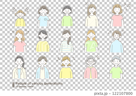 A loose illustration (set) of women of various generations [smiling] 122107800