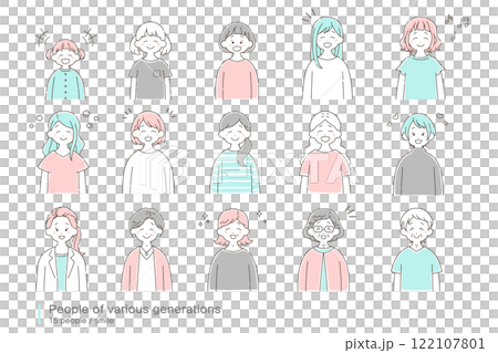 A loose illustration (set) of women of various generations [smiling] 122107801