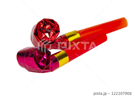 Red party horn whistle noisemaker isolated on the white background Red party horn whistle noisemaker isolated on the white background 122107908