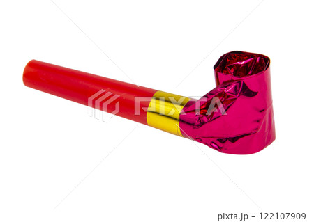 Red party horn whistle noisemaker isolated on the white background 122107909