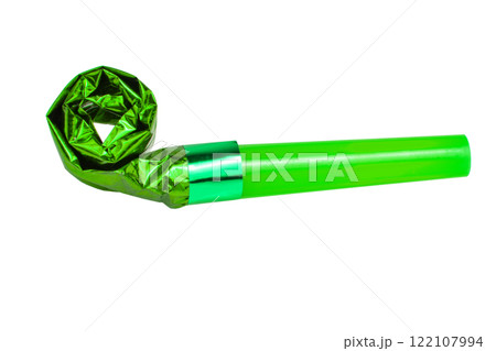 Green foil party horn whistle noisemaker isolated on the white background Green foil party horn whistle noisemaker isolated on the white background 122107994
