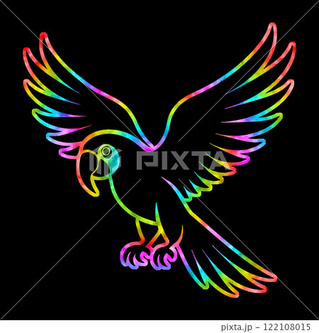 飛んでいるオウムの虹色グラデーションのイラスト 黒背景の切り抜き 飛んでいるオウムの虹色グラデーションのイラスト 黒背景の切り抜き 122108015