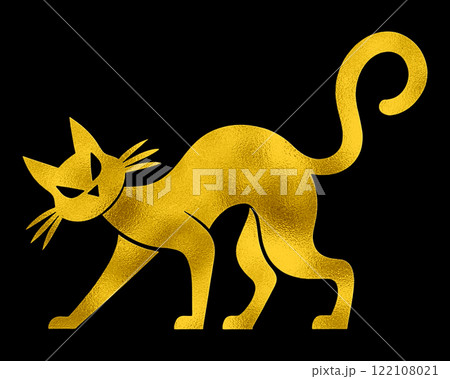 怖い表情でこちらを睨んでいるハロウィンの黒猫のゴールドのシルエットイラスト　黒背景の切り抜き 122108021