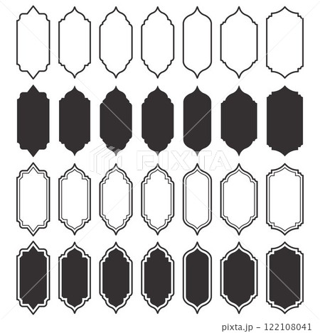 Ramadan frame shapes set. Indian window design. Turkish Islamic arch with ornament. Vector arabesque door icons. Muslim oriental architecture elements. Label sticker silhouettes. Traditional signs. Ramadan frame shapes set. Indian window design. Turkish Islamic arch with ornament. Vector arabesque door icons. Muslim oriental architecture elements. Label sticker silhouettes. Traditional signs. 122108041