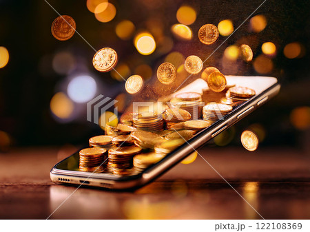 スマホから飛び出る金貨イメージ 122108369