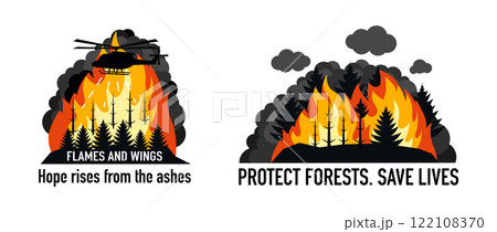 Silhouette Illustrations of a Burning Forest with a Helicopter Extinguishing the Flames. Conceptual Vector Art for Posters, Banners, and Fire Prevention Campaigns 122108370