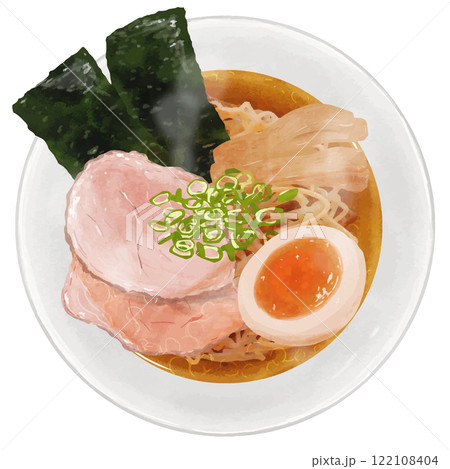 リアルな醤油ラーメンの俯瞰イラスト 122108404