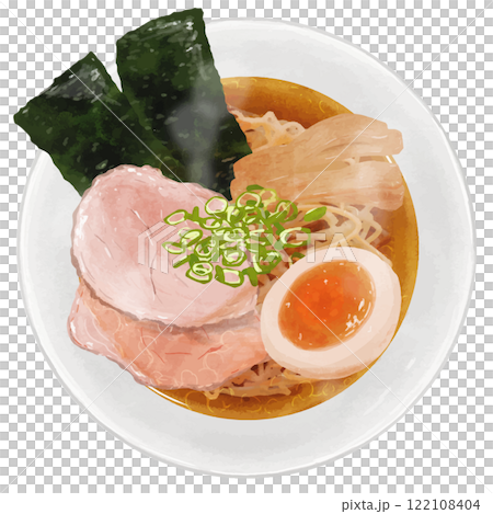 Aerial view of realistic soy sauce ramen Aerial view of realistic soy sauce ramen 122108404