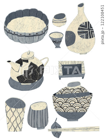 水彩絵の具を削って描いたモノクロの和風食器のイラストレーション 水彩絵の具を削って描いたモノクロの和風食器のイラストレーション 122108451