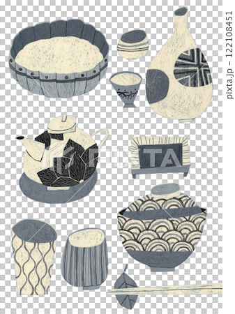 水彩絵の具を削って描いたモノクロの和風食器のイラストレーション 水彩絵の具を削って描いたモノクロの和風食器のイラストレーション 122108451