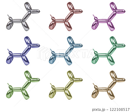 Bright shiny collage of many balloon dogs figure multicolor isolated on the white background Bright shiny collage of many balloon dogs figure multicolor isolated on the white background 122108517