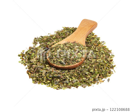 Dried aromatic Provencal herbs spices in wooden spoon isolated on the white background 122108688
