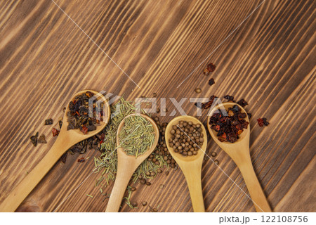 Aroma wooden spoon with different dry spices on natural wooden background Aroma wooden spoon with different dry spices on natural wooden background 122108756