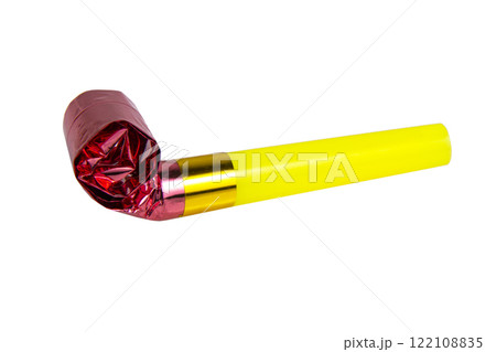 Party foil horn pink yellow noisemaker for carnival isolated on the white background Party foil horn pink yellow noisemaker for carnival isolated on the white background 122108835