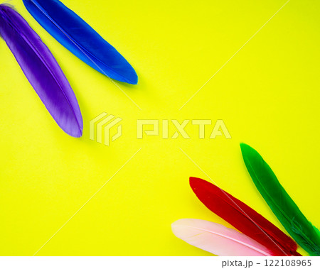 Multicolor feather on yellow background copy space for text Multicolor feather on yellow background copy space for text 122108965