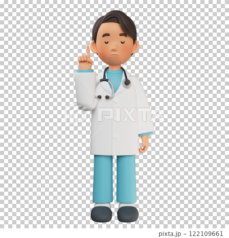 male doctor character with eyes closed and finger raised 3D graphic 122109661