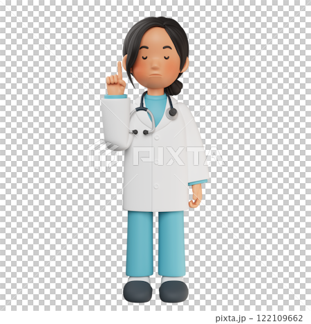 female doctor character with eyes closed and finger raised 3D graphic 122109662