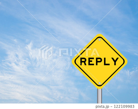 Yellow transportation sign with word reply on blue color sky background 122109983