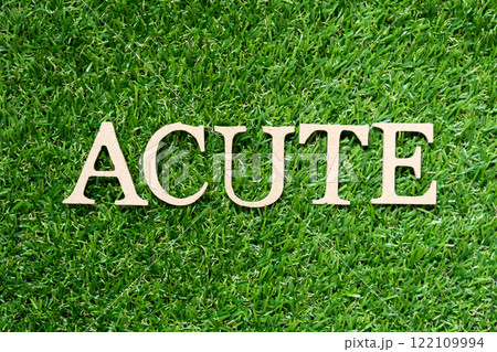 Wood alphabet letter in word acute on artificial green grass background Wood alphabet letter in word acute on artificial green grass background 122109994