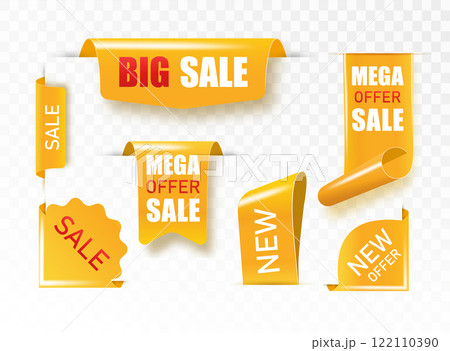 Golden satin ribbon tag. Gold textile label for sale promotion text. Discount and special offer badge. Vector Golden satin ribbon tag. Gold textile label for sale promotion text. Discount and special offer badge. Vector 122110390