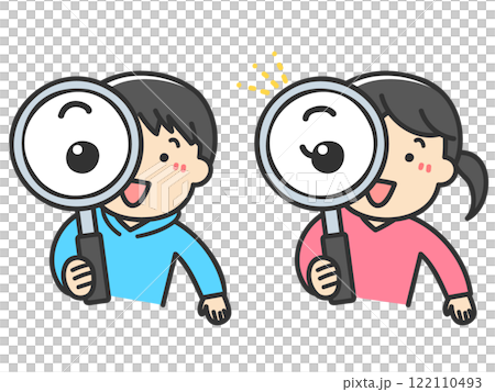 Boy and girl holding magnifying glasses 122110493