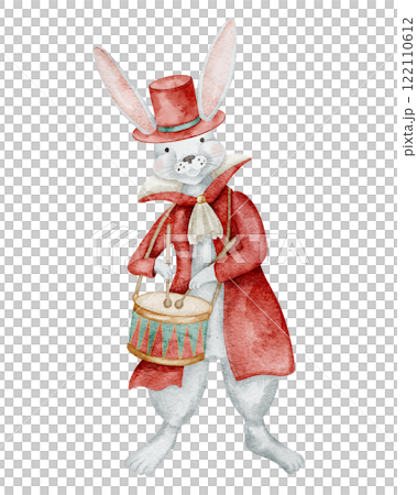 Watercolor illustration of a Bunny dressed as a Circus Performer and playing a drum. Cute Rabbit for Baby shower greeting cards or childish birthday invitations. Drawing of animal for kids carnival. Watercolor illustration of a Bunny dressed as a Circus Performer and playing a drum. Cute Rabbit for Baby shower greeting cards or childish birthday invitations. Drawing of animal for kids carnival. 122110612