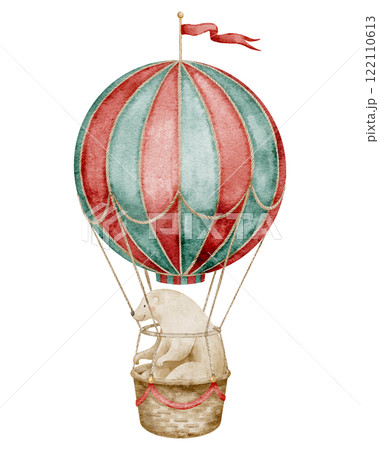 Watercolor illustration of Bear in vintage hot air Balloon. Retro Circus aerostat with red and green stripes and basket for Baby shower greeting card or childish birthday invitation. Cute art for kid. Watercolor illustration of Bear in vintage hot air Balloon. Retro Circus aerostat with red and green stripes and basket for Baby shower greeting card or childish birthday invitation. Cute art for kid. 122110613