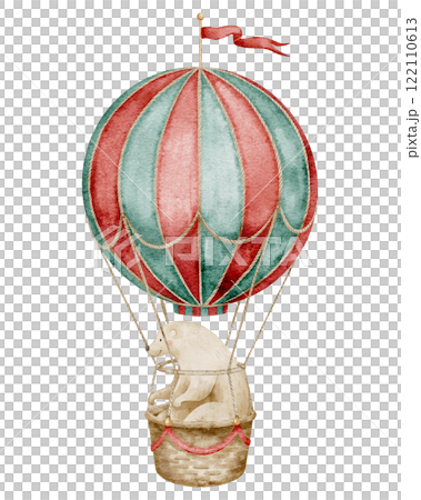 Watercolor illustration of Bear in vintage hot air Balloon. Retro Circus aerostat with red and green stripes and basket for Baby shower greeting card or childish birthday invitation. Cute art for kid. Watercolor illustration of Bear in vintage hot air Balloon. Retro Circus aerostat with red and green stripes and basket for Baby shower greeting card or childish birthday invitation. Cute art for kid. 122110613