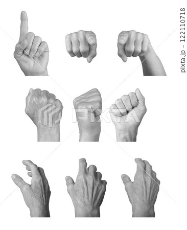 Elderly female hand showing various gestures, including pointing and clenched fist, wrinkled skin, Elderly female hand showing various gestures, including pointing and clenched fist, wrinkled skin, 122110718