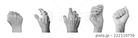 Elderly female hand outstretched in a grasping gesture, wrinkled skin with visible veins, dorsal Elderly female hand outstretched in a grasping gesture, wrinkled skin with visible veins, dorsal 122110730