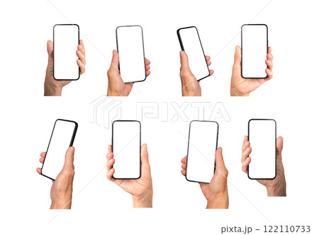 Elderly female hand holding smartphone with blank screen, wrinkled skin, clear display mockup, front 122110733