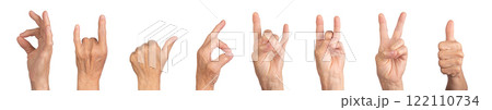 Elderly female hand displaying gestures such as peace, victory, rock horn, and thumb up, wrinkled 122110734