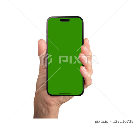 Elderly caucasian woman's hand holding a smartphone with a blank green chromakey screen, upright 122110739