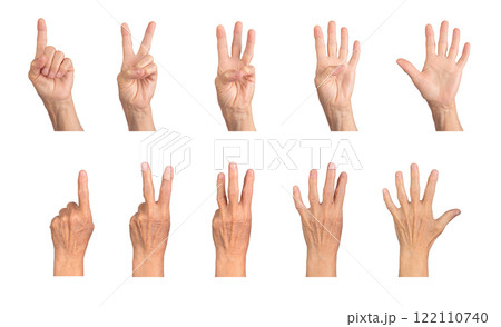 Elderly caucasian hand counting numbers 1 to 5, fingers extended with palmar and dorsal views, 122110740